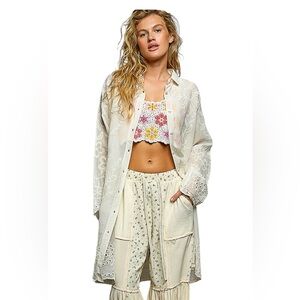 POL IVORY EMBROIDERED Long Sleeve Button up Cotton Shacket